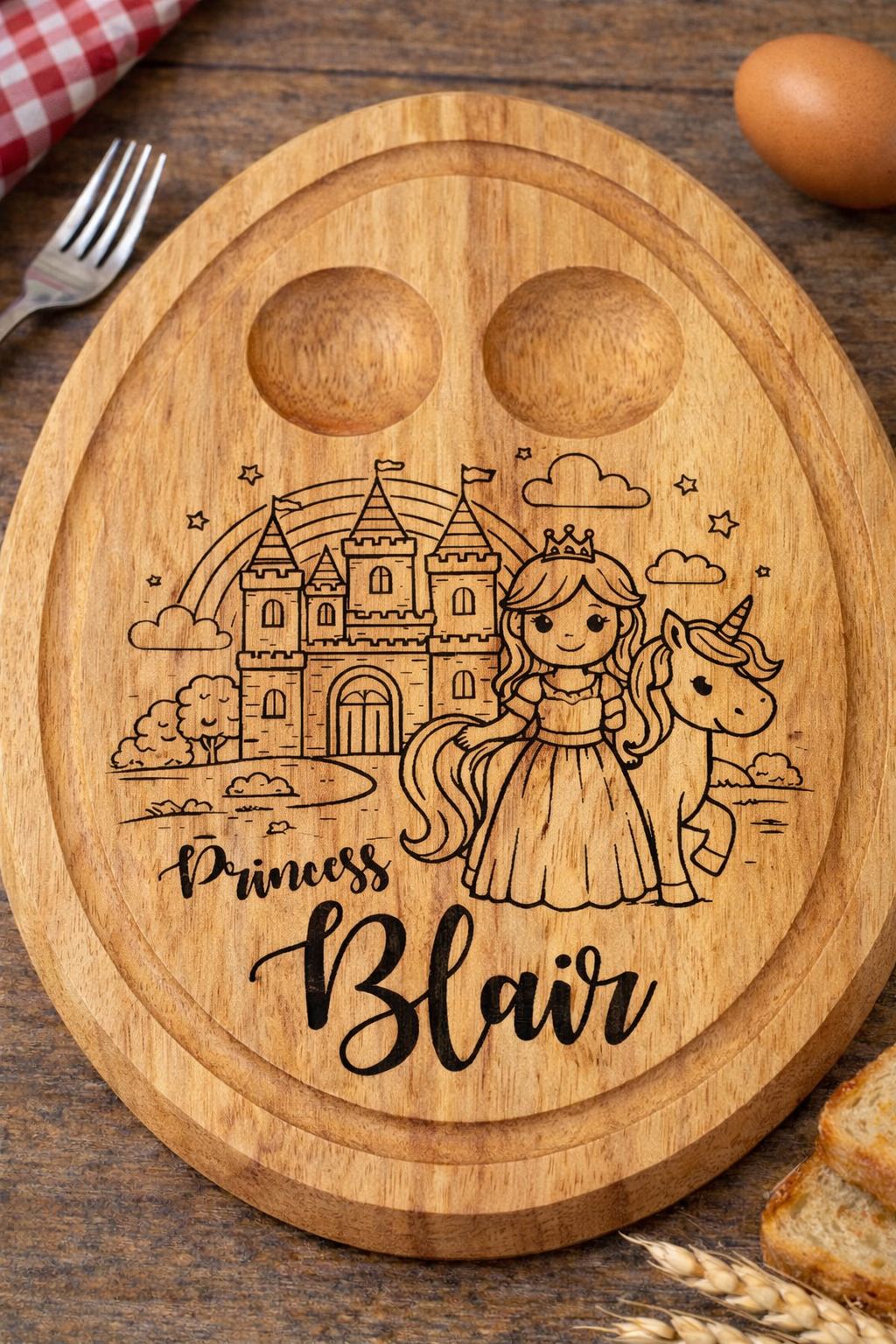 Personalised Princess Unicorn Breakfast Board – Engraved Wooden Egg & Toast Board for Children - 005