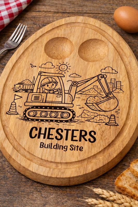 Personalised Digger Breakfast Board – Engraved Wooden Egg & Toast Board for Children - 004
