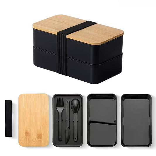 Personalised Bamboo Stackable Lunch Box - Black - Cute Safari Design - 004