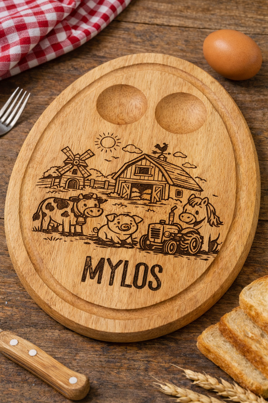 Personalised Farm Animals Breakfast Board – Engraved Wooden Egg & Toast Board for Children - 002