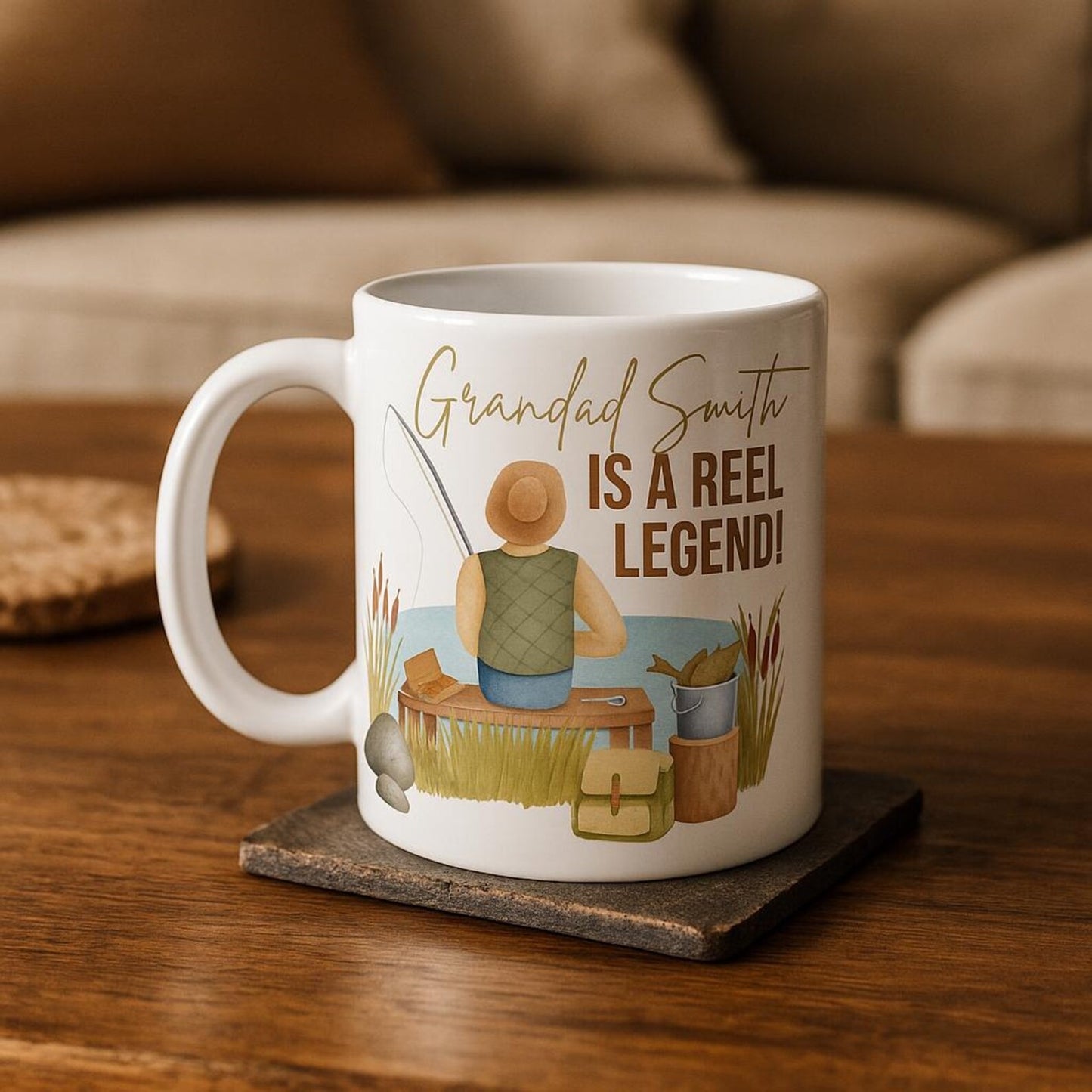 Personalised Grandad Fishing Mug & Slate Coaster Gift Set - Is A Reel Legend - Father’s Day Fisherman Mug • Custom Fishing for Him