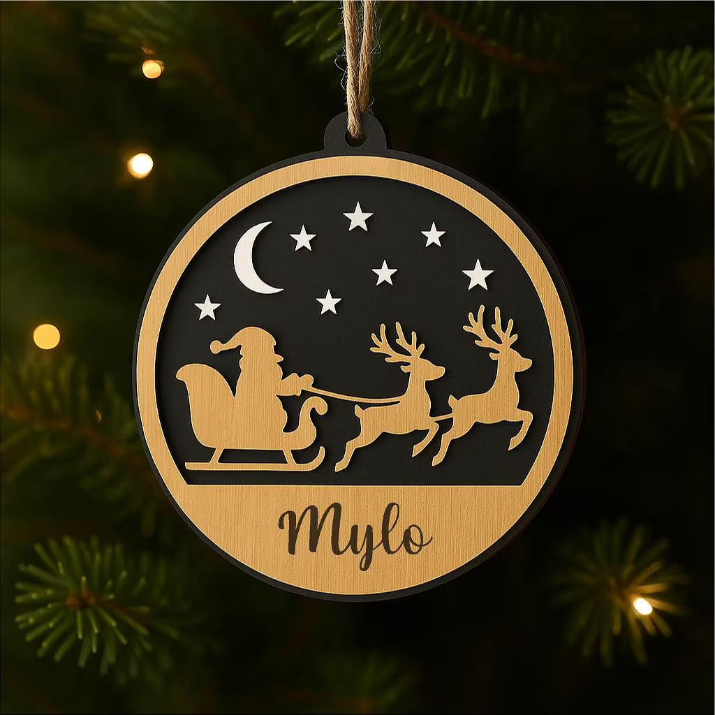 Personalised Wooden Santa Sleigh Christmas Ornament – Reindeer Sleigh Bauble – 003