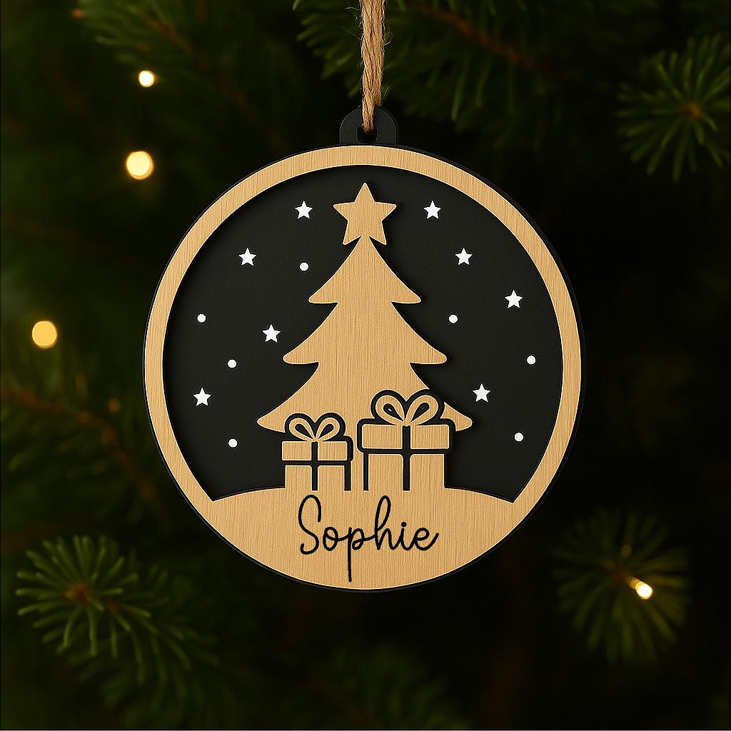 Personalised Christmas Tree & Presents Ornament – Wooden Layered Bauble – 007