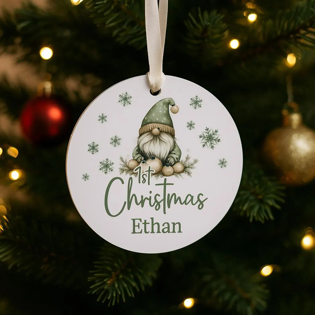 Personalised baby first 1st Christmas gift name Bauble – Green Festive Gnome