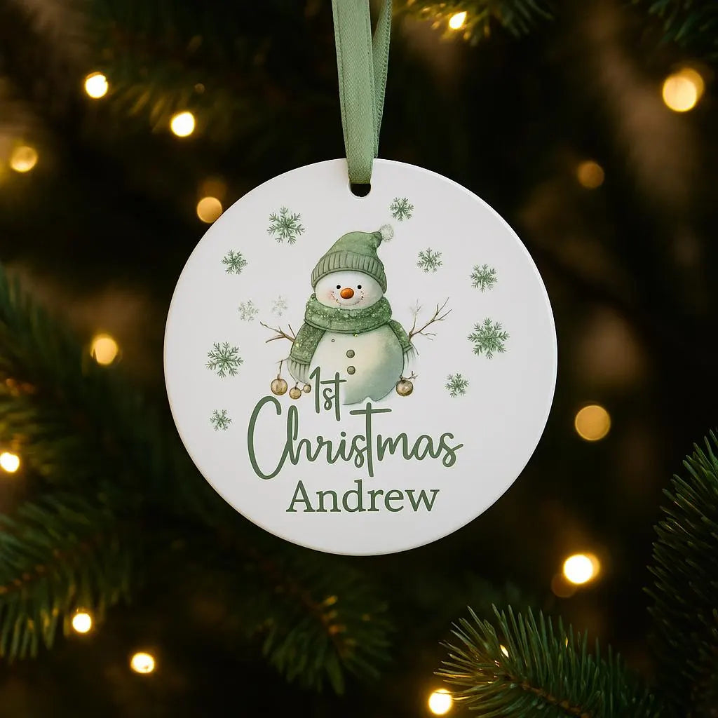 Personalised baby first 1st Christmas gift name Bauble – Green Festive Snowman