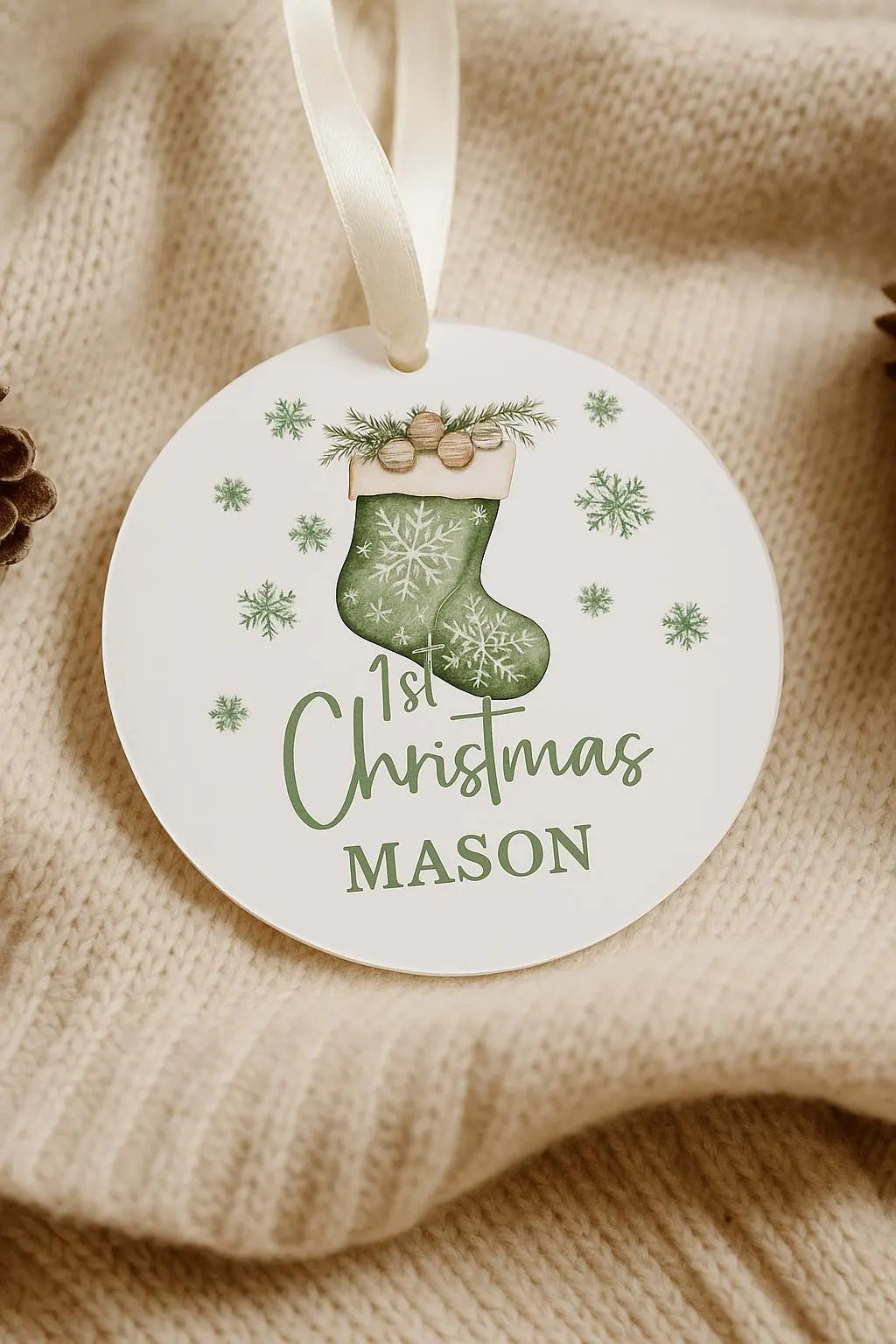 Personalised baby first 1st Christmas gift name Bauble – Green Festive Stocking