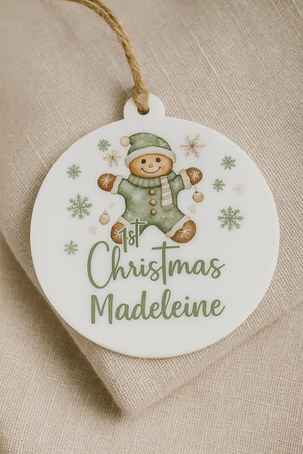 Personalised baby first 1st Christmas gift name Bauble – Green Festive Gingerbread