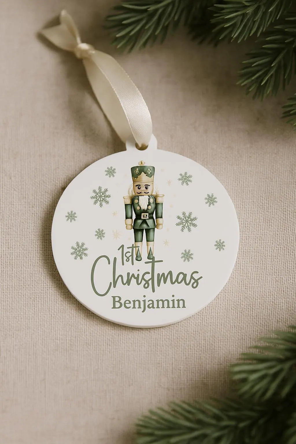 Personalised baby first 1st Christmas gift name Bauble – Green Festive Nutcracker