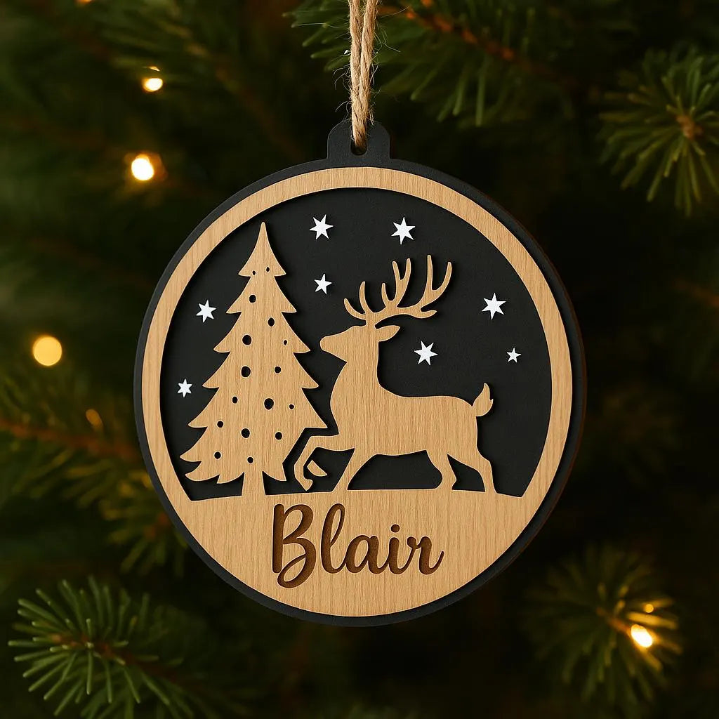 Personalised Reindeer Christmas Tree Ornament – Custom Name Wooden & Black Acrylic Bauble 001