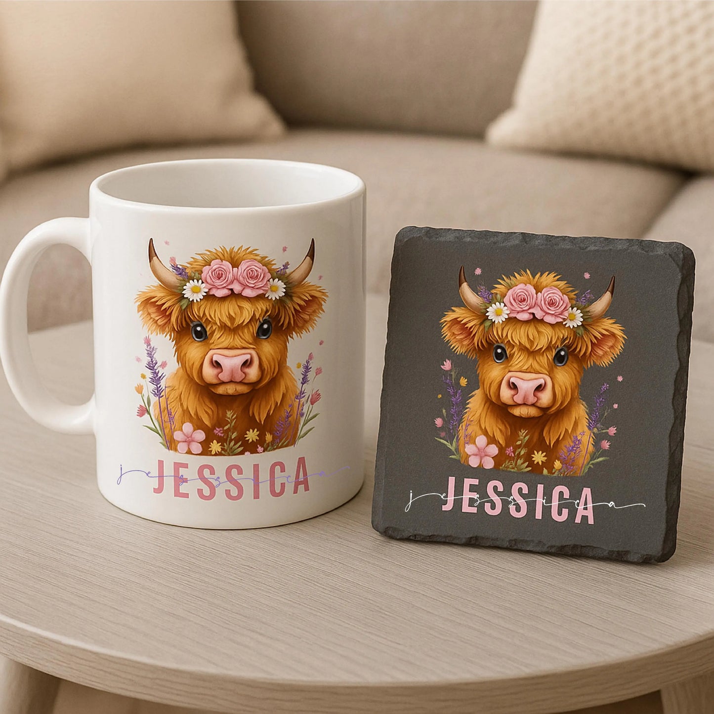 Personalised Highland Cow Mug and Slate Coaster - 95mm Square