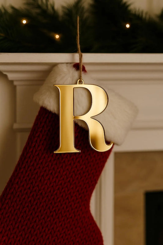 Personalised Letter Christmas Stocking Ornament - Mirror Gold Acrylic - 125mm Tall - Stocking Letters - Christmas Comeback 001