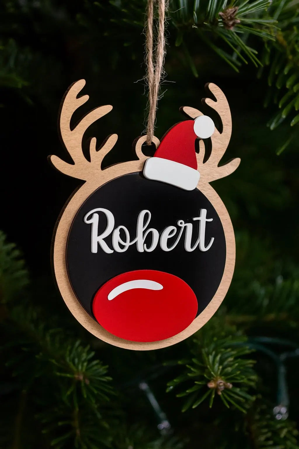 Personalised Rudolph Reindeer Christmas Tree Bauble Ornament - 100mm Tall - Wood and Acrylic - Custom Name