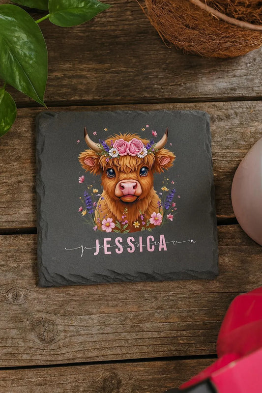 Personalised Highland Cow Mug and Slate Coaster - 95mm Square