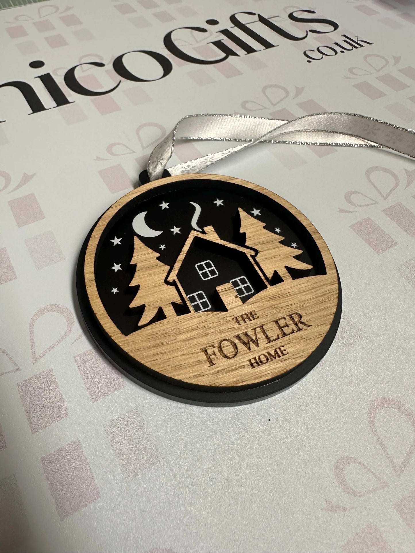 Personalised Cosy Cabin Christmas Ornament – Wooden House Bauble – 005