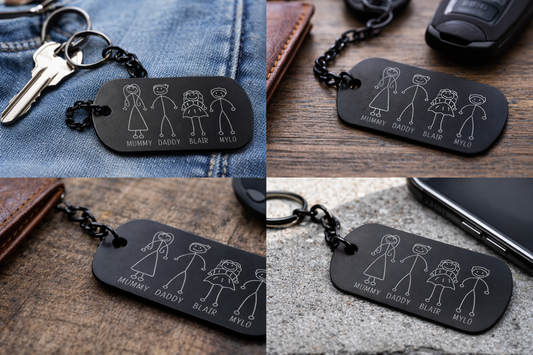 Personalised Stick Family Dog Tag Keyring – Custom Engraved Matte Black Keychain with Names