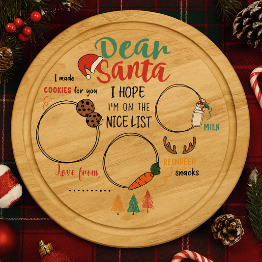 Dear Santa Nice List Wooden Chopping Board - Christmas Eve Plate 30cm Circular - 002