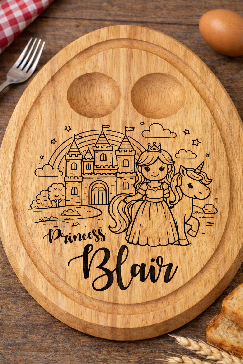 Personalised Princess Unicorn Breakfast Board – Engraved Wooden Egg & Toast Board for Children - 005