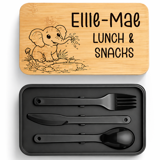 Personalised Bamboo Stackable Lunch Box - Black - Cute Elephant Design - 006