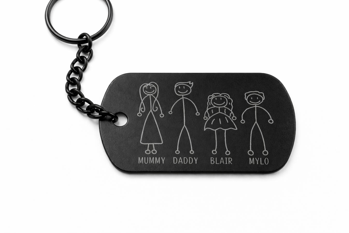 Personalised Stick Family Dog Tag Keyring – Custom Engraved Matte Black Keychain with Names
