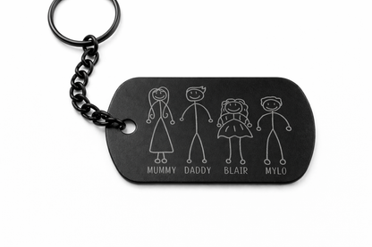 Personalised Stick Family Dog Tag Keyring – Custom Engraved Matte Black Keychain with Names
