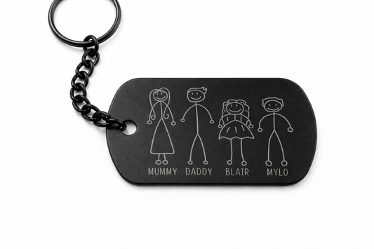 Personalised Stick Family Dog Tag Keyring – Custom Engraved Matte Black Keychain with Names