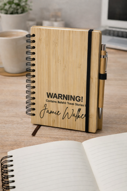 Funny Personalised Wooden Travel Journal – Custom Name – “WARNING! This Contains Bullshit Travel Stories” – A5 Adventure Notebook with Matching Wooden Pen