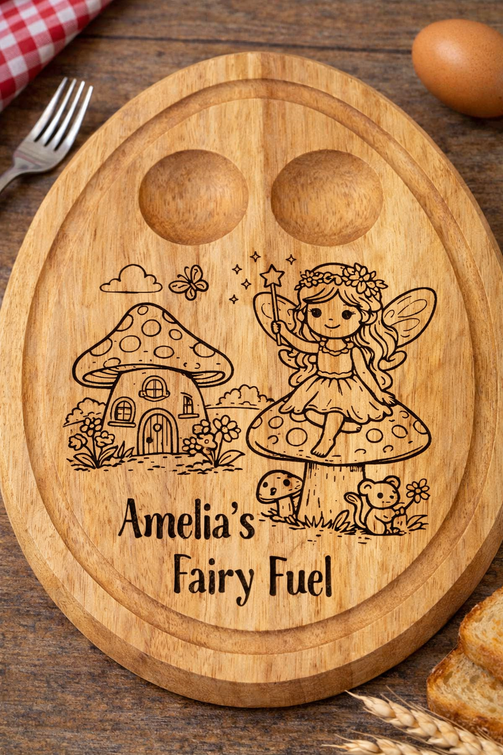 Personalised Fairy Garden Breakfast Board – Engraved Wooden Egg & Toast Board for Children - 006