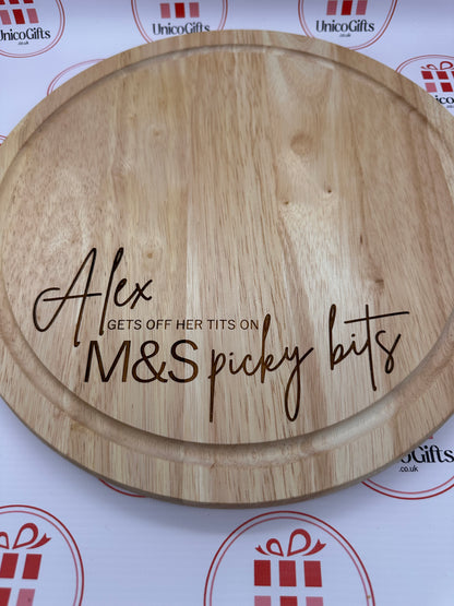 Personalised Off My Tits on M&S Picky Bits - Charcuterie Board - 30cm Circular - Chopping Board