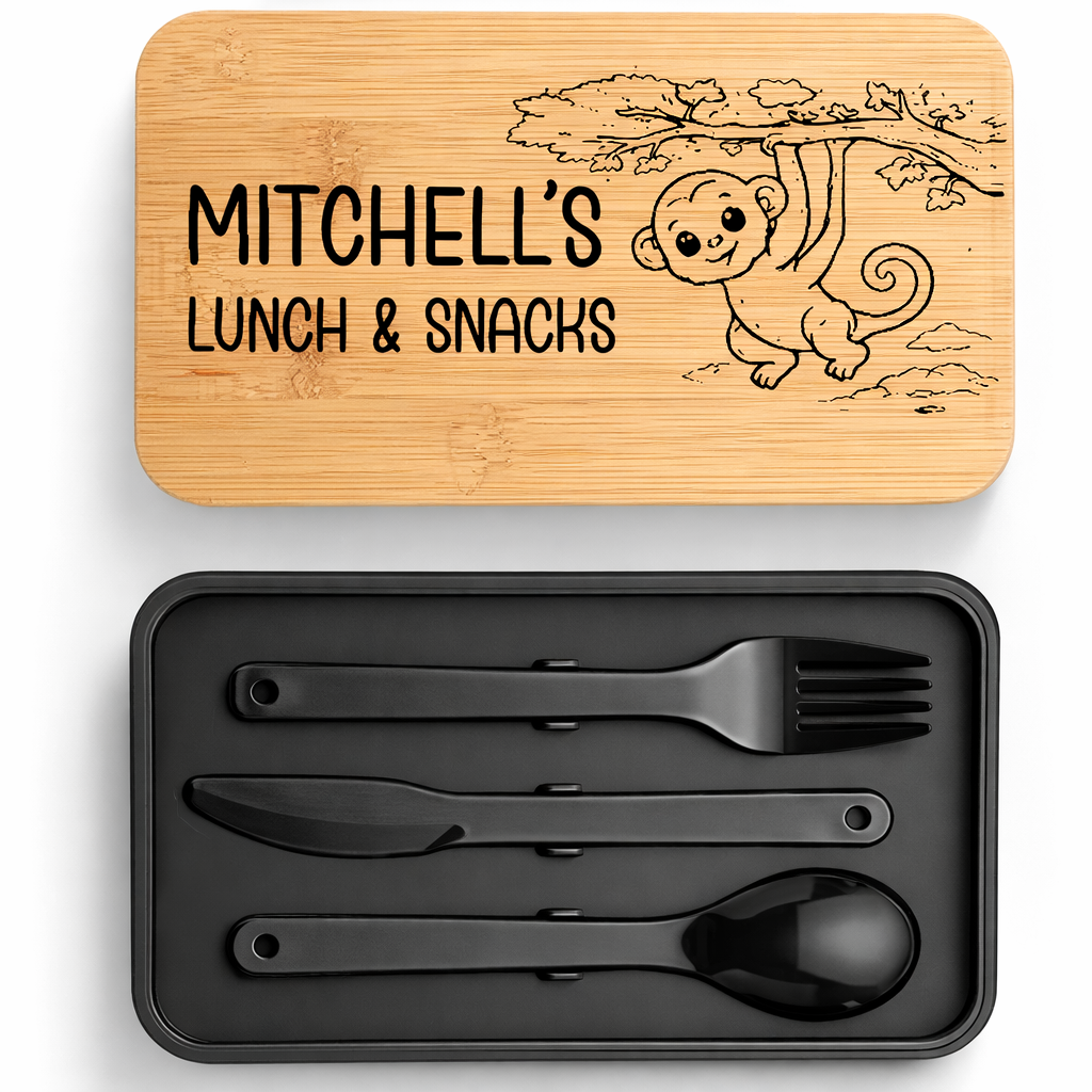 Personalised Bamboo Stackable Lunch Box - Black - Cute Monkey Design - 005
