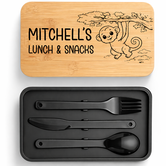 Personalised Bamboo Stackable Lunch Box - Black - Cute Monkey Design - 005