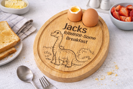 Personalised Dinosaur Breakfast Board – Engraved Wooden Egg & Toast Board for Children - 001