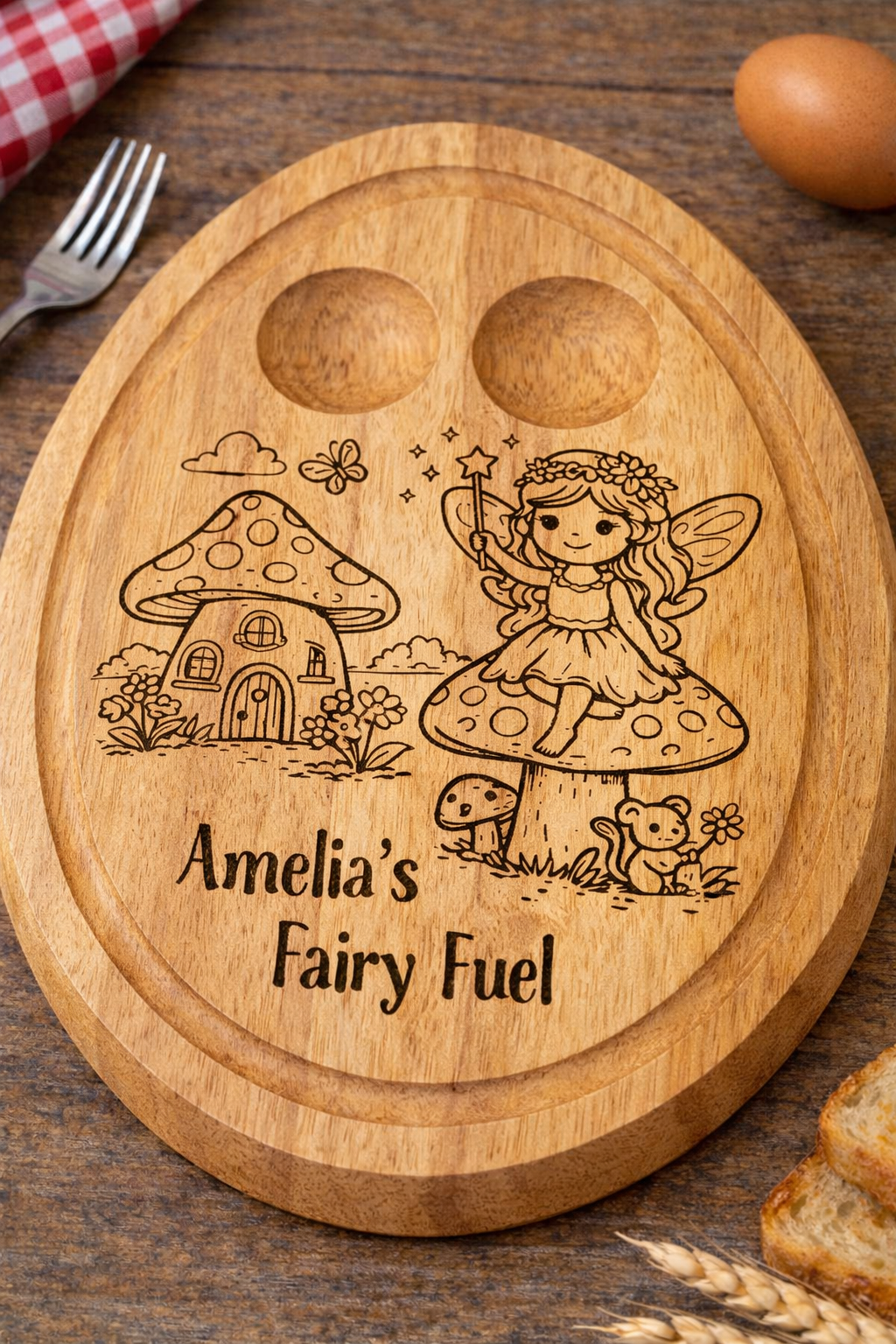 Personalised Fairy Garden Breakfast Board – Engraved Wooden Egg & Toast Board for Children - 006