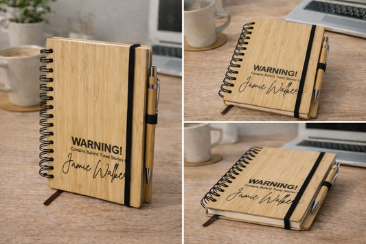 Funny Personalised Wooden Travel Journal – Custom Name – “WARNING! This Contains Bullshit Travel Stories” – A5 Adventure Notebook with Matching Wooden Pen