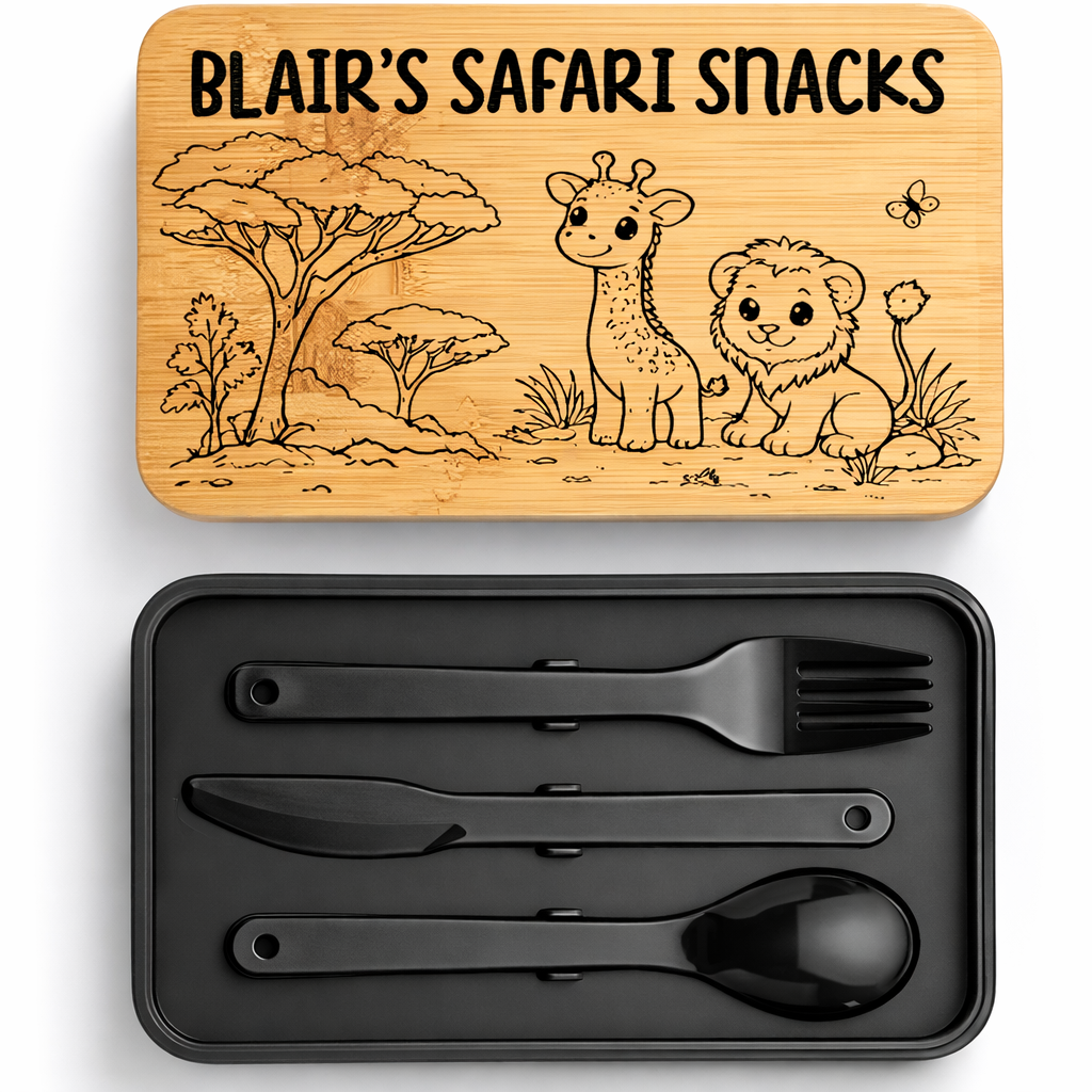 Personalised Bamboo Stackable Lunch Box - Black - Cute Safari Design - 004