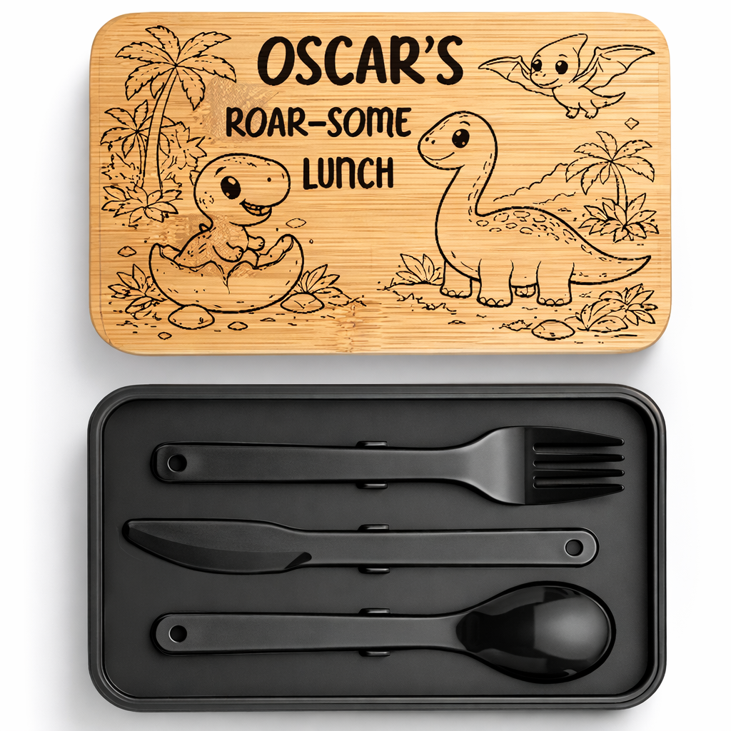 Personalised Bamboo Stackable Lunch Box - Black - Cute Dinosaur Design - 003