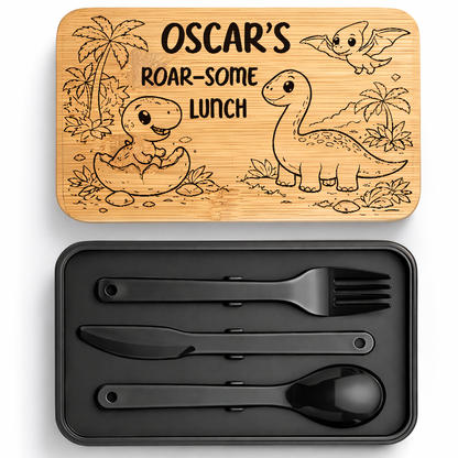 Personalised Bamboo Stackable Lunch Box - Black - Cute Dinosaur Design - 003