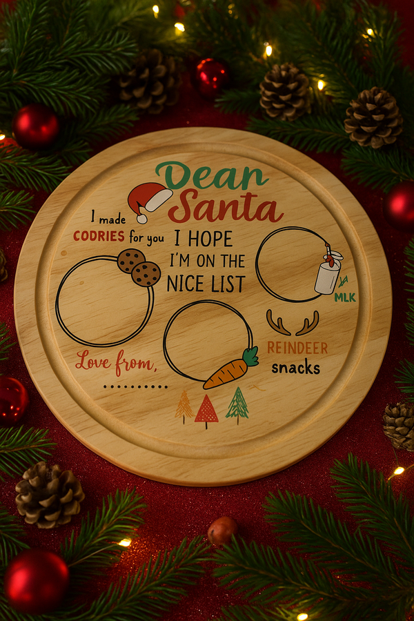 Dear Santa Nice List Wooden Chopping Board - Christmas Eve Plate 30cm Circular - 002