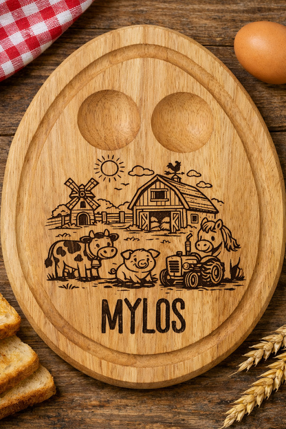 Personalised Farm Animals Breakfast Board – Engraved Wooden Egg & Toast Board for Children - 002