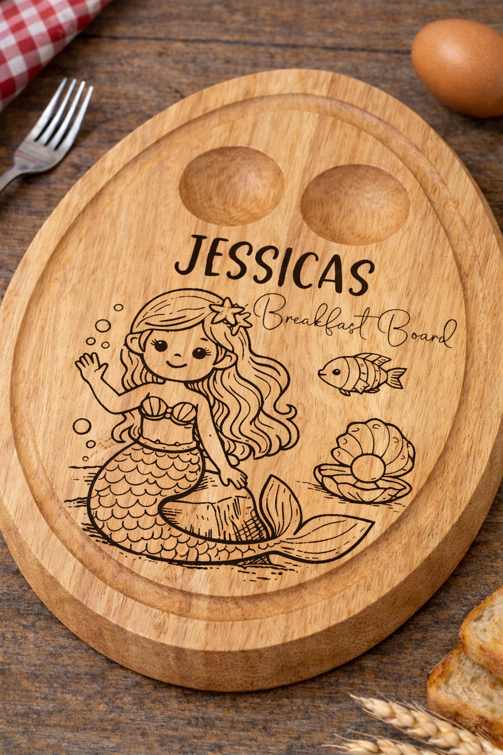 Personalised Mermaid Lagoon Breakfast Board – Engraved Wooden Egg & Toast Board for Children - 007