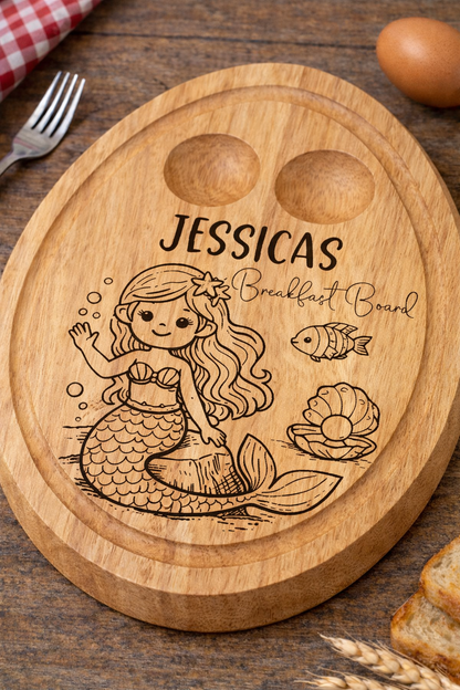 Personalised Mermaid Lagoon Breakfast Board – Engraved Wooden Egg & Toast Board for Children - 007