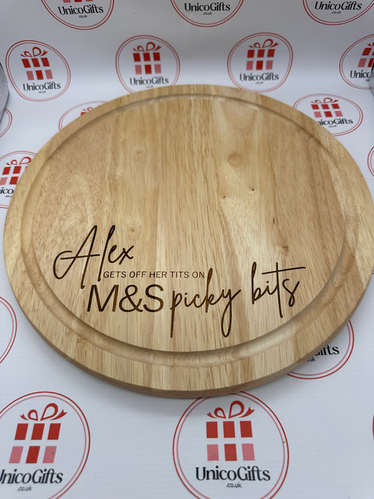 Personalised Off My Tits on M&S Picky Bits - Charcuterie Board - 30cm Circular - Chopping Board