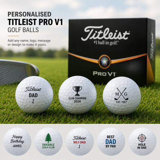 Personalised Titleist Pro V1 golf balls custom printed with names, messages, dates or logos. A unique golf gift for birthdays, Father's Day and special occasions.

