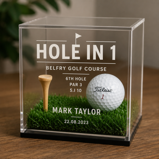 Personalised hole in one golf ball display case with artificial grass and tee. Add your actual hole-in-one ball and customise with course, hole, name and date.