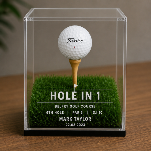 Personalised hole in one golf ball display case with artificial grass and tee. Add your actual hole-in-one ball and customise with course, hole, name and date.