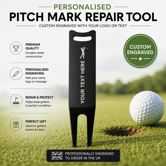 Personalised golf pitch mark repair tool, custom laser engraved with your name, message or logo. Metal golf divot tool available in 4 colours. Ideal golfer gift.
