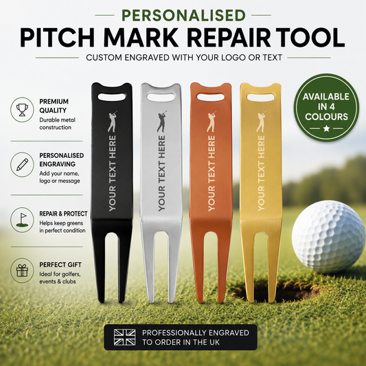 Personalised golf pitch mark repair tool, custom laser engraved with your name, message or logo. Metal golf divot tool available in 4 colours. Ideal golfer gift.
