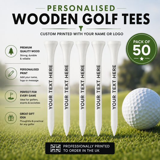 Personalised white wooden golf tees custom printed with your name, message or logo. Available in packs of 50, 100 or 250. Perfect for golf days and societies.