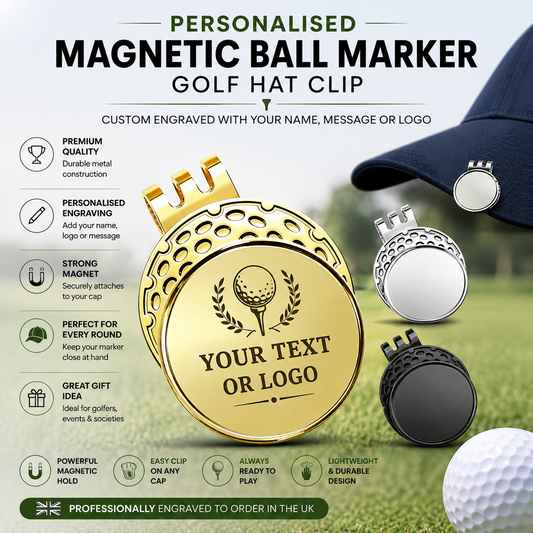 Personalised magnetic golf ball marker and hat clip, custom laser engraved with your name, message or logo. Available in gold, silver and black. Ideal golf gift.