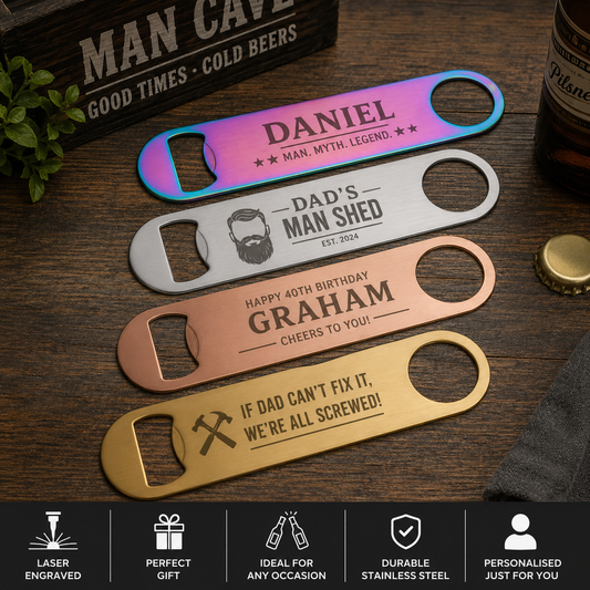 Personalised Metal Bottle Opener – Custom Laser Engraved Bar & Man Cave Gift