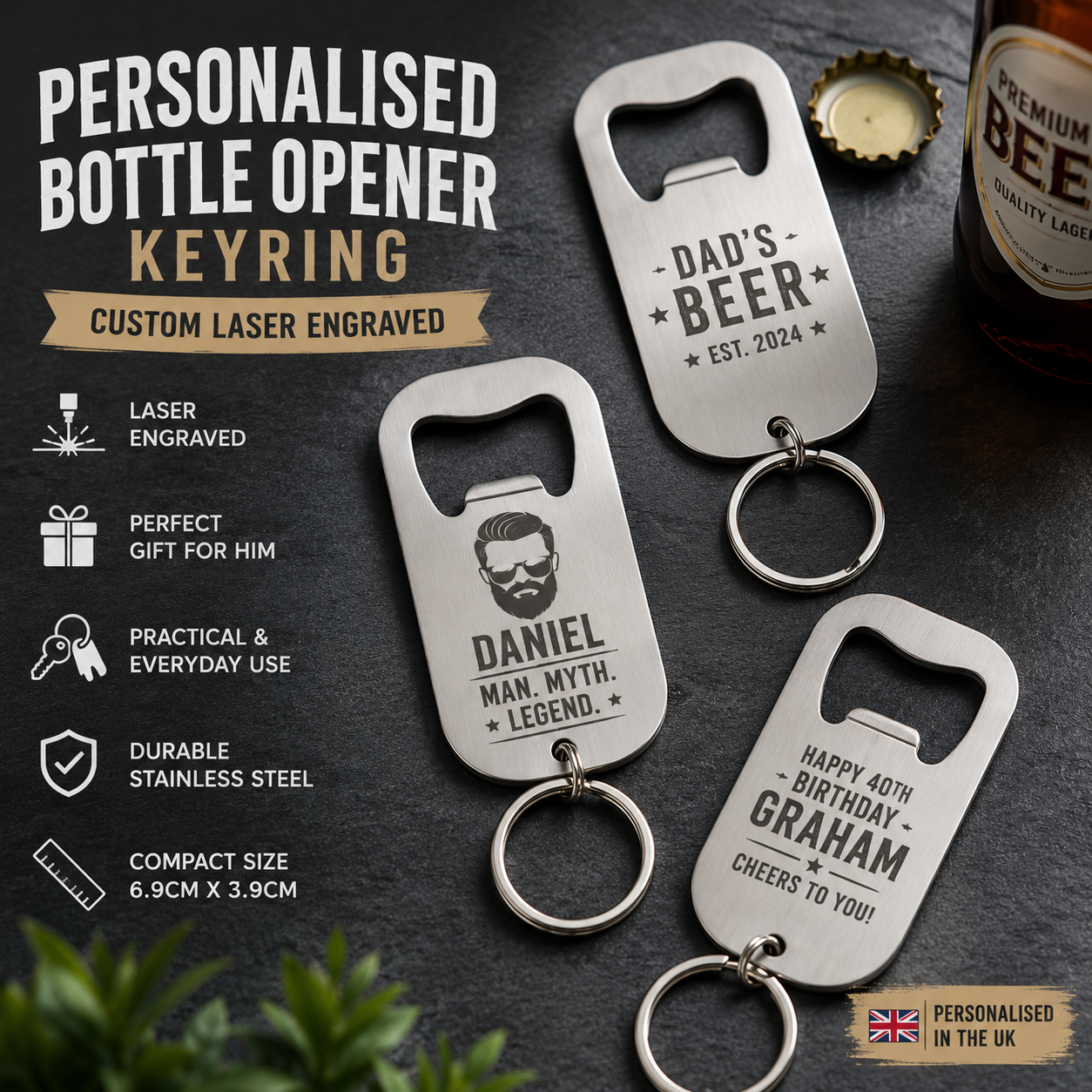 Personalised Bottle Opener Keyring – Custom Laser Engraved Stainless Steel Gift